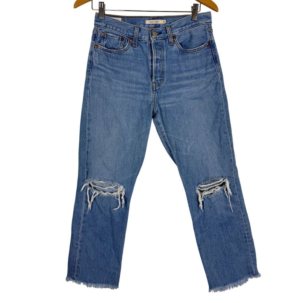 Levi's Wedgie Straight Button Fly Jeans Sz 28 Big E Distressed Raw Hem Cropped
